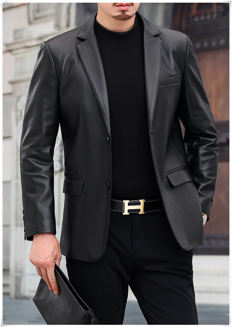 利罗基尼(lerogeni)品牌皮西装外套男单件青中年男士秋季皮夹克薄款