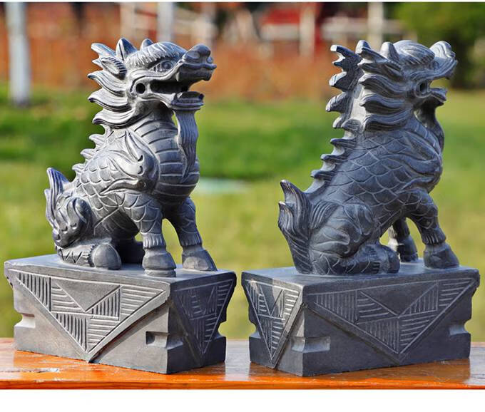 省之优 石雕石头青石麒麟摆件一对玄关家居装饰公母门口看门神兽原石