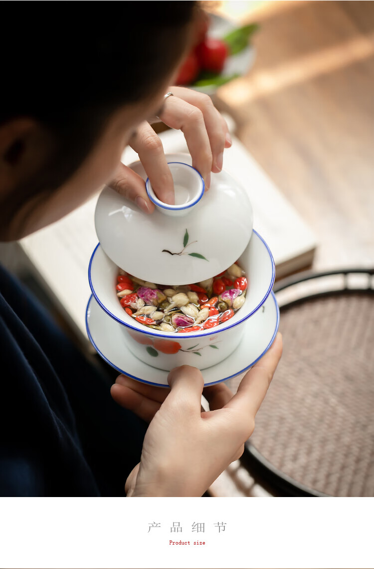 閩創蓋碗茶杯特大號家用敬茶三才杯單個手繪陶瓷功夫茶具八寶茶碗 事