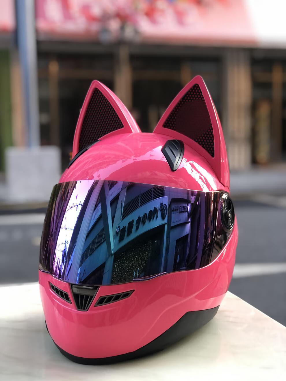 摩托车头盔猫耳朵猫兔耳朵蝴蝶结时尚个性男女士四季通用机车 黑紫色