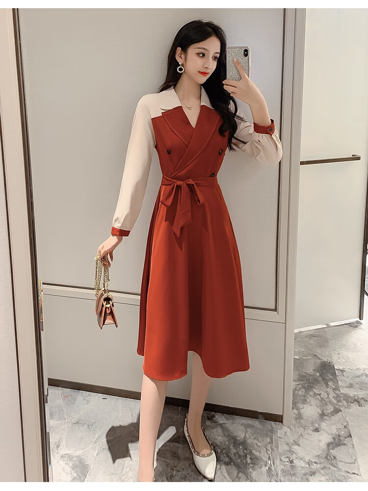 新款时尚女装韩版气质中长款a字裙修身显瘦长袖裙子女红色s建议8095斤