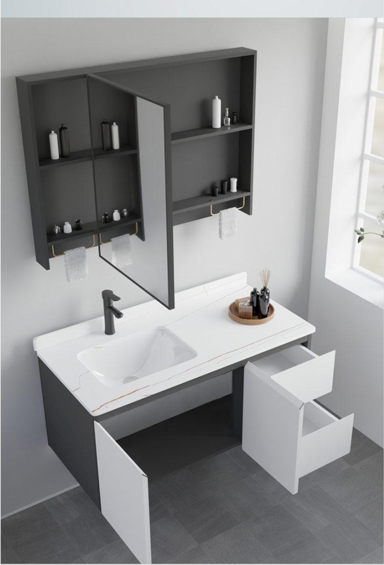 洗手盆柜组合卫生间一体陶瓷池岩板太空铝合金洗漱台洗脸盆浴室柜灰白