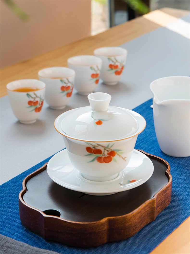 天泽tianze手绘陶瓷三才三炮台白瓷盖碗茶具泡茶单个不烫手纯手工大号