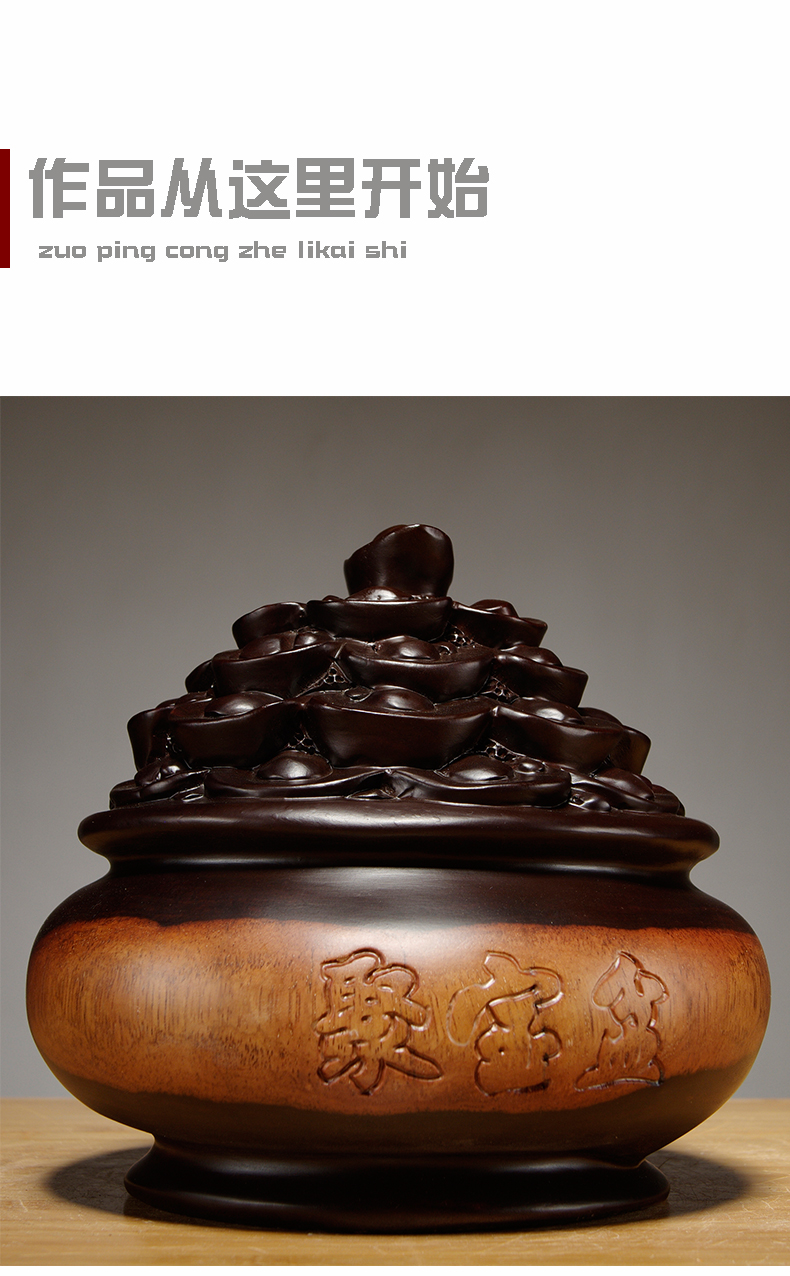 梵粟黑檀木雕聚宝盆摆件招财风水客厅装饰桌面摆件实木雕刻工艺品店铺
