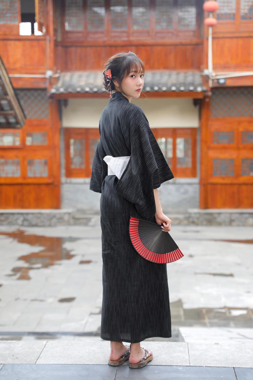 日式和服女正装日本女传统士浴衣长袍桑拿服cos写真服装气质棉麻黑白