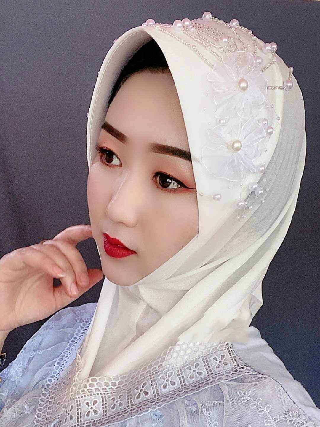 hnxc新品回族女人的套头纱巾回族头巾盛花漂亮好看重工