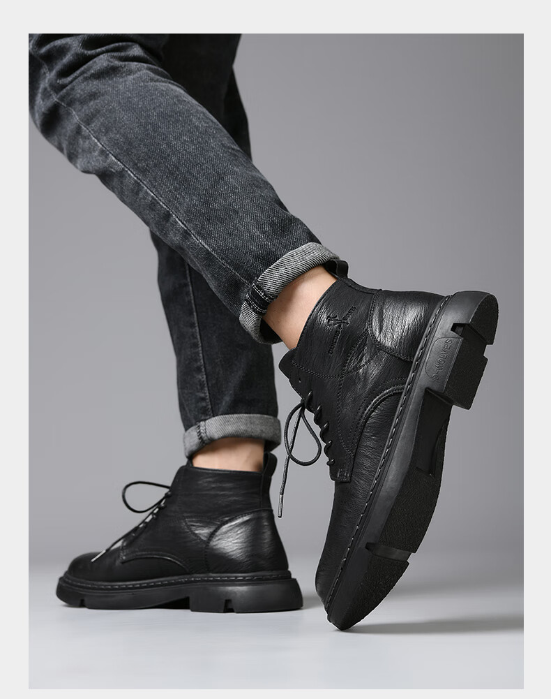 精选牛皮与狼共舞男鞋秋冬新款马丁靴商务男士皮靴高帮休闲大头皮靴