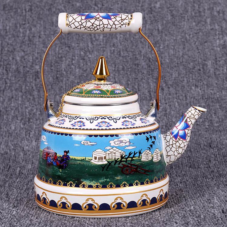 熬奶茶壶蒙餐奶茶壶大容量民族风搪瓷水壶蒙古族特色酥油茶壶提梁壶单