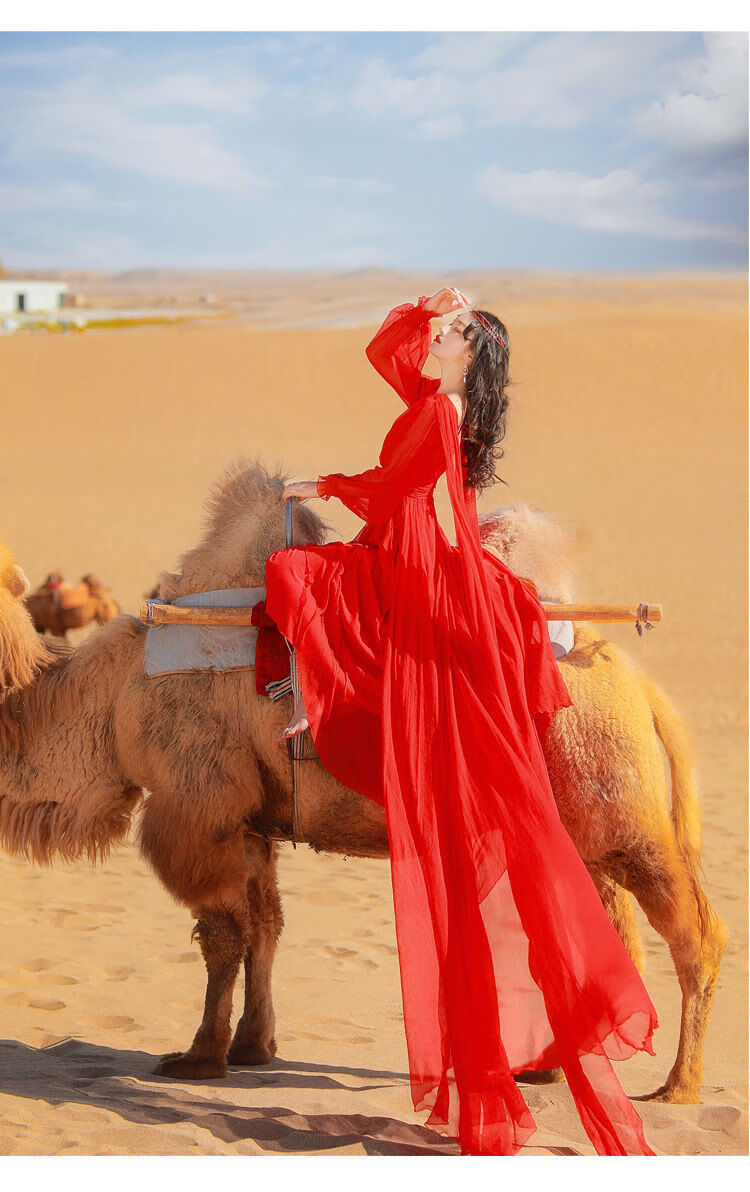 三亚旅游沙滩裙衣服三超仙女海边度假裙沙漠拍照大红色拖尾长裙飘逸