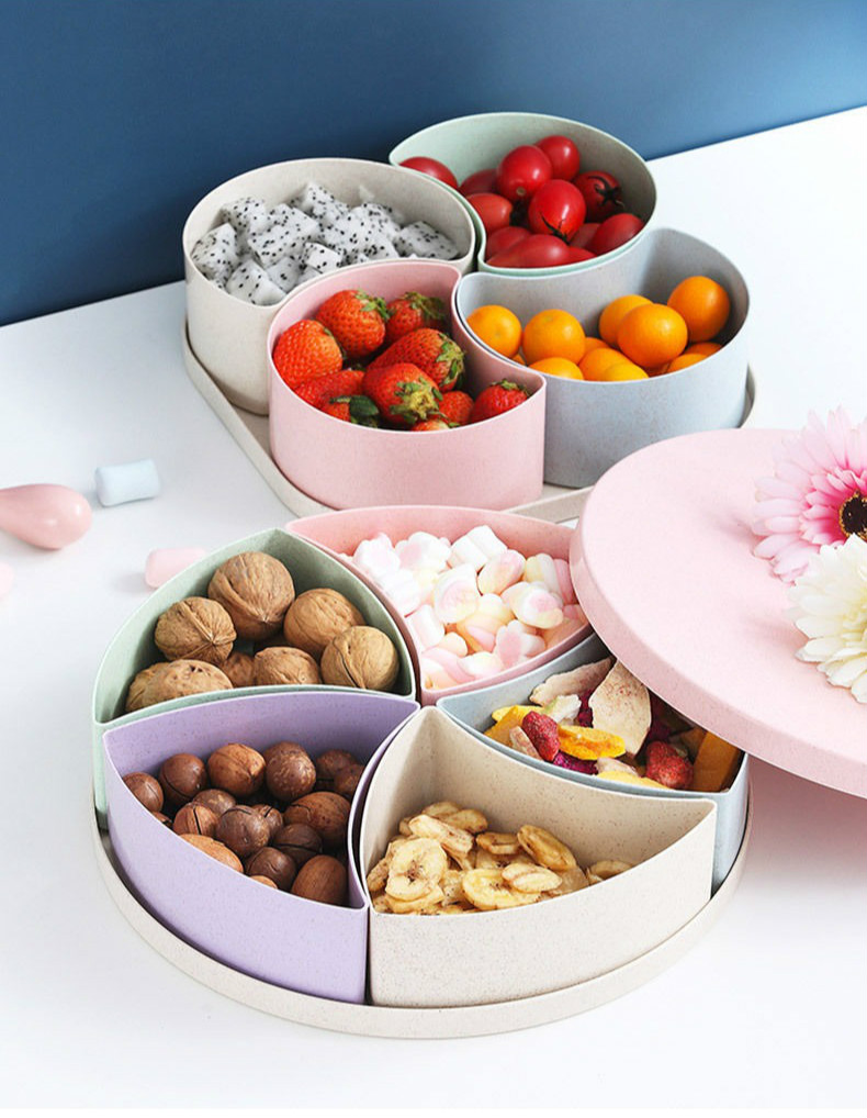 果盘简约时尚水客厅分格创意糖果盒塑料现代干果盒可爱带盖圆形五格