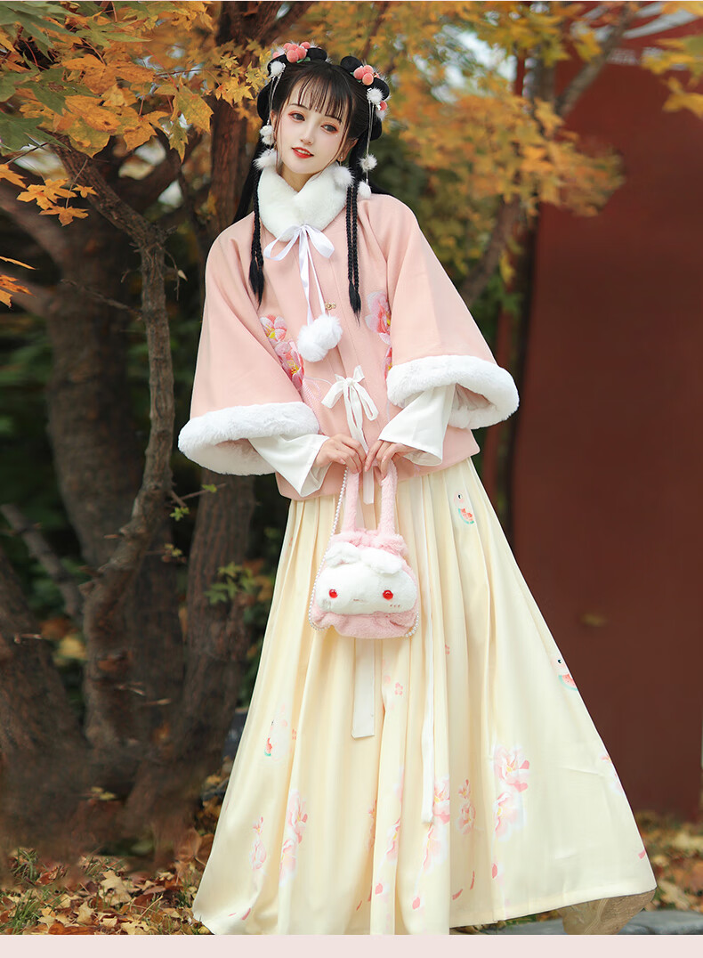 汉服女成人冬季明制加厚坦领半壁超仙襦裙改良少女古装冬天七分袖淡粉