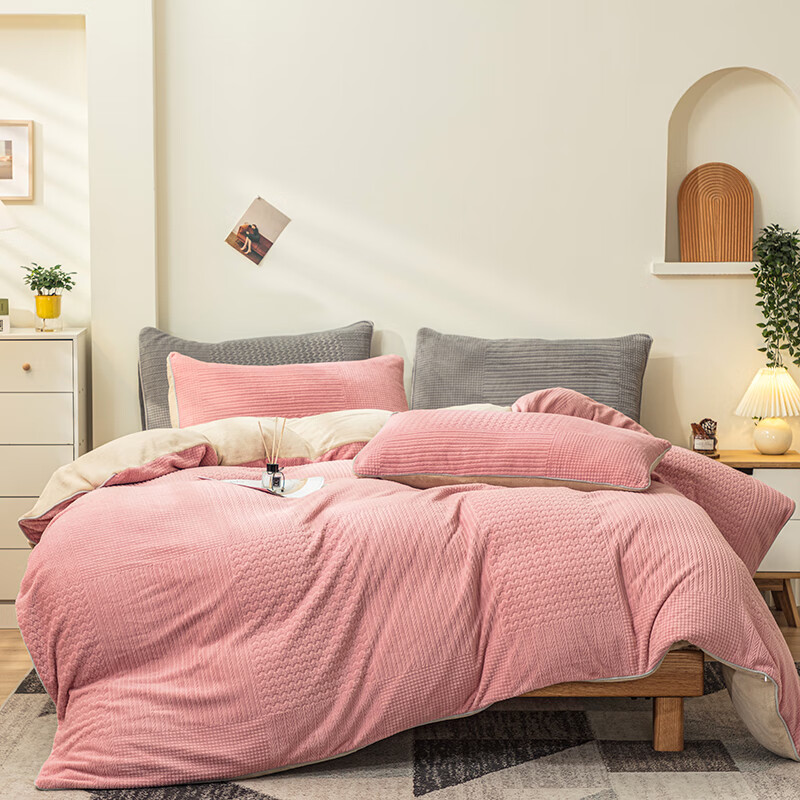 恒源祥家纺撸猫感牛奶绒保暖四件套双面带绒被套高端冬天加绒床上用品