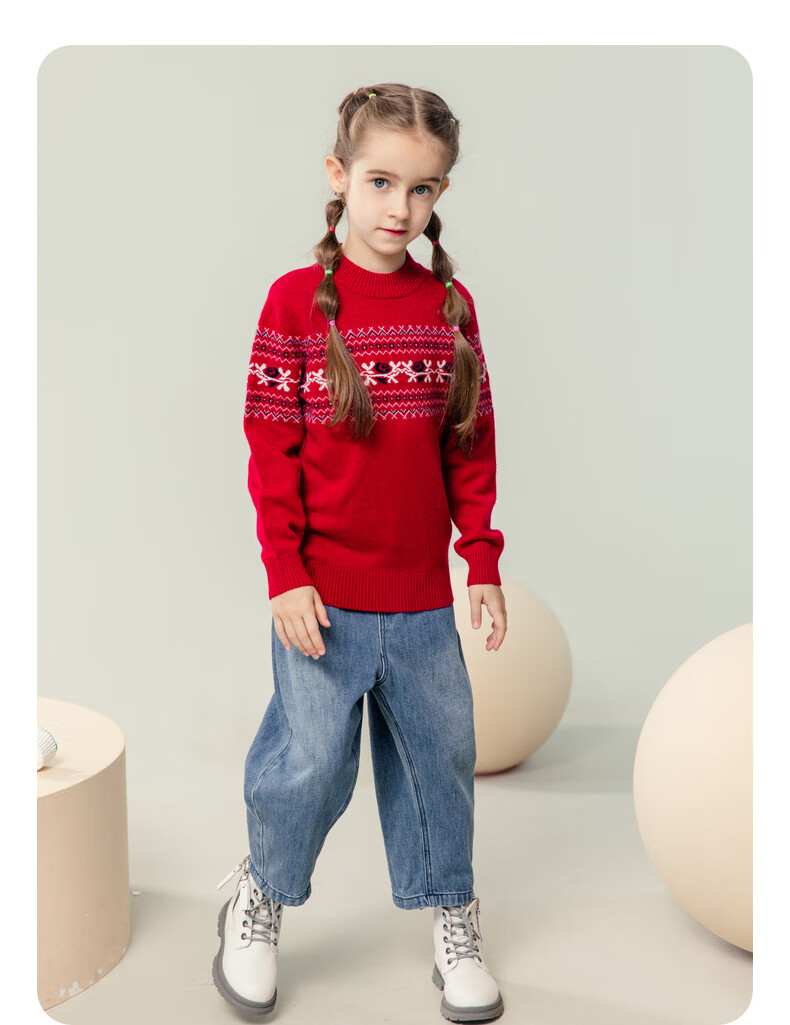 恒源祥儿童羊绒衫圆领冬季男童针织衫纯羊绒复古提花女童毛衣孩子樱花