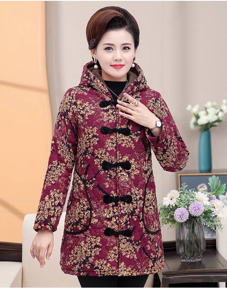 妈妈冬装棉衣女中长款中老年人碎花棉袄奶奶加绒加厚复古棉服外套秋冬