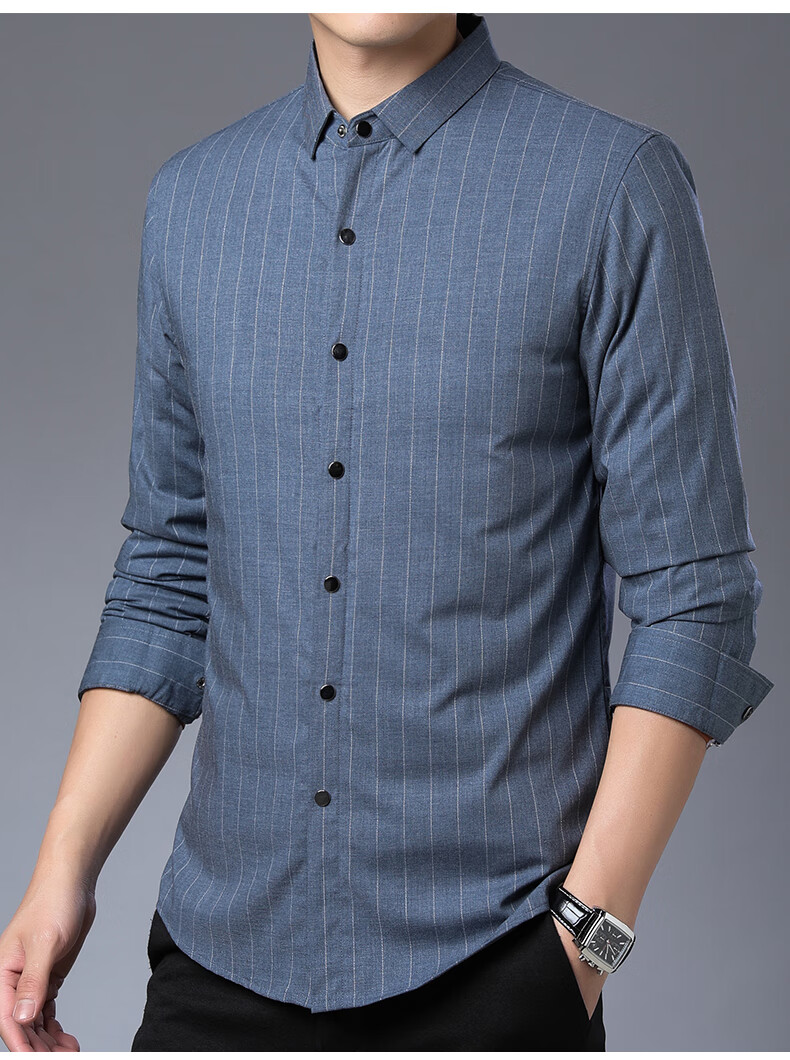 恒源祥男士保暖衬衫冬季新款休闲加绒加厚中年竖条纹百搭衬衣灰蓝165