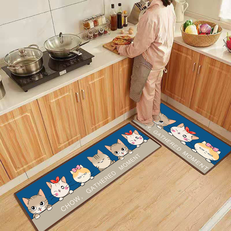 厨房地垫可爱卡通防滑吸水长条防油垫子防水家用耐脏厨房地毯满铺 猫咪家族-深咖 组合装(40X60+40X120)