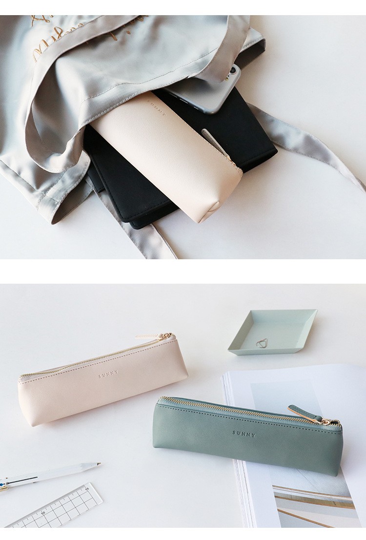 简皮质三角拉链笔袋韩版日系in潮少女心便携手账文具袋笔盒男创意文具