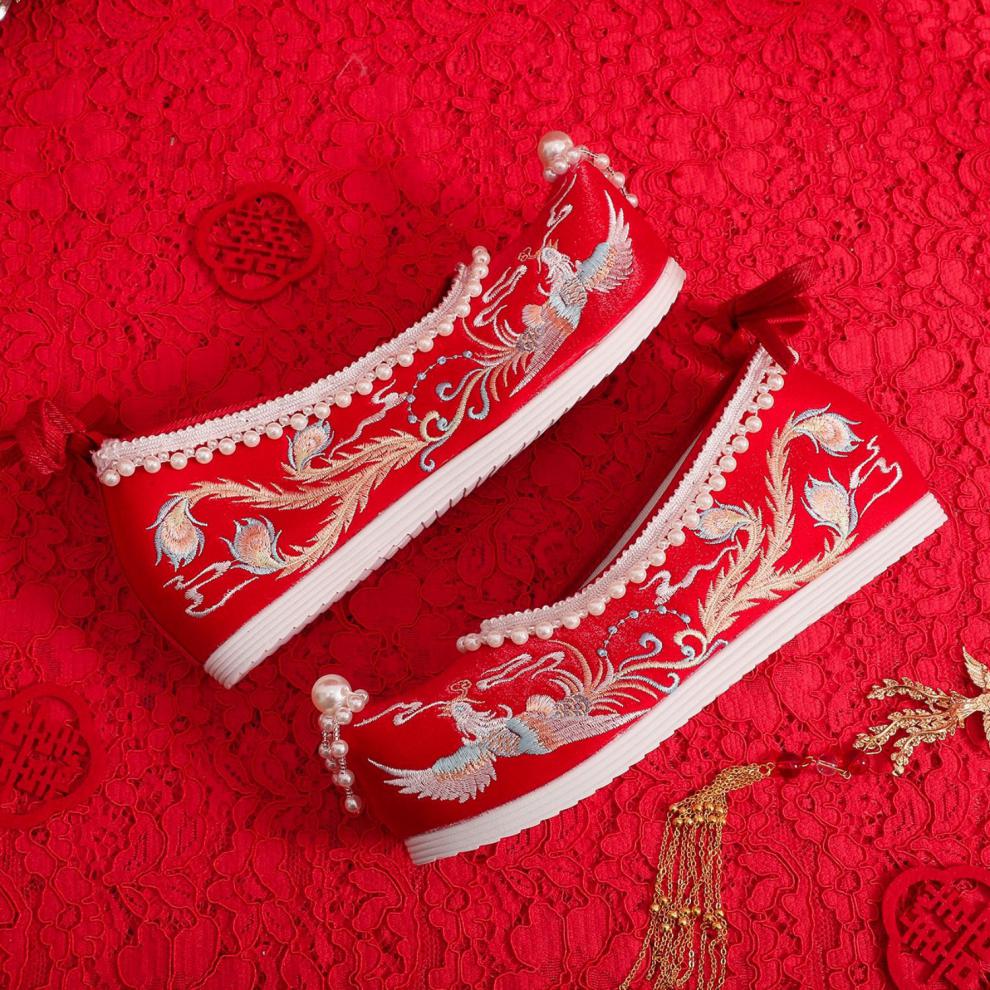 tafn汉服鞋子女单秀禾婚鞋古风布鞋珍珠翘头弓鞋内增高流苏古装绣花鞋