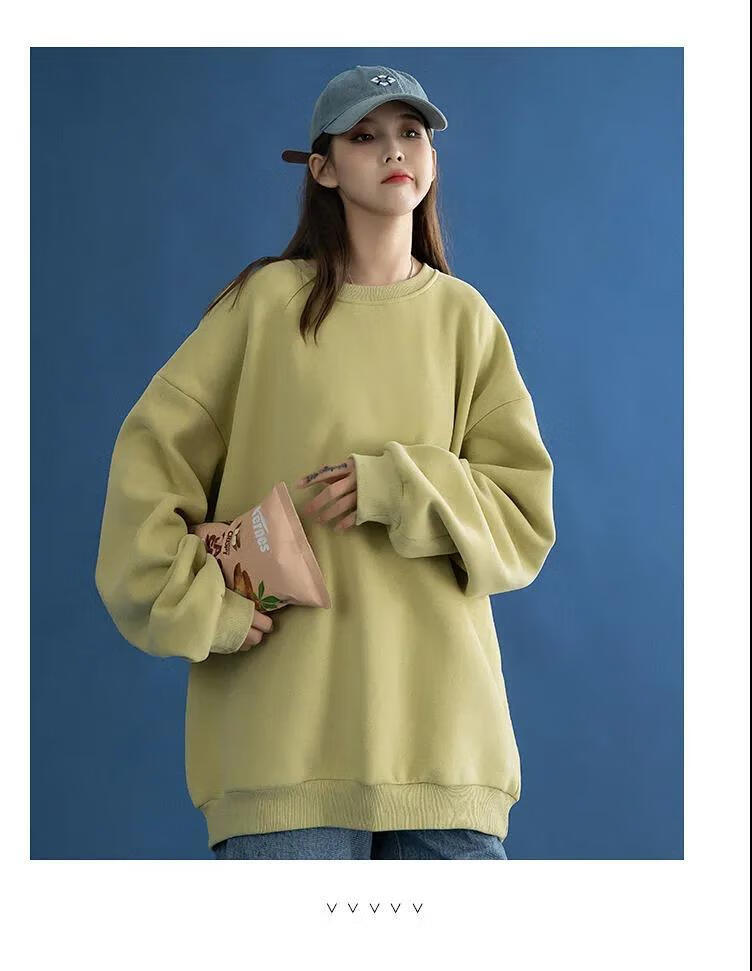 秋季上衣服简约纯色长袖卫衣女学生韩版宽松圆领套头外穿女薄款潮黑色