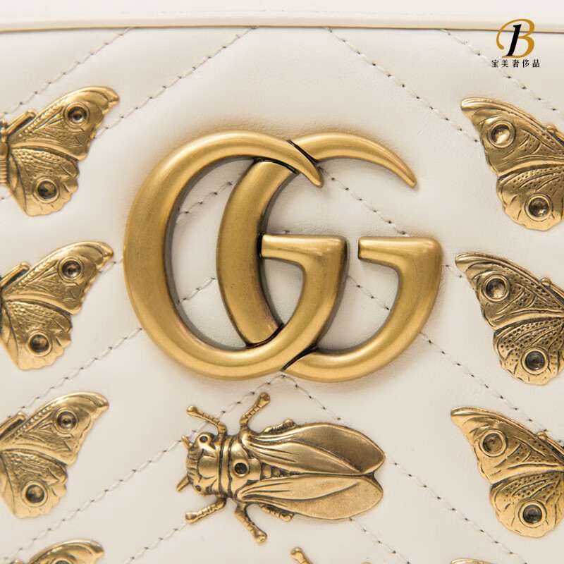 gucci古驰古琦金属狮子昆虫徽章限定款女士白色相机包单肩包447632dtd