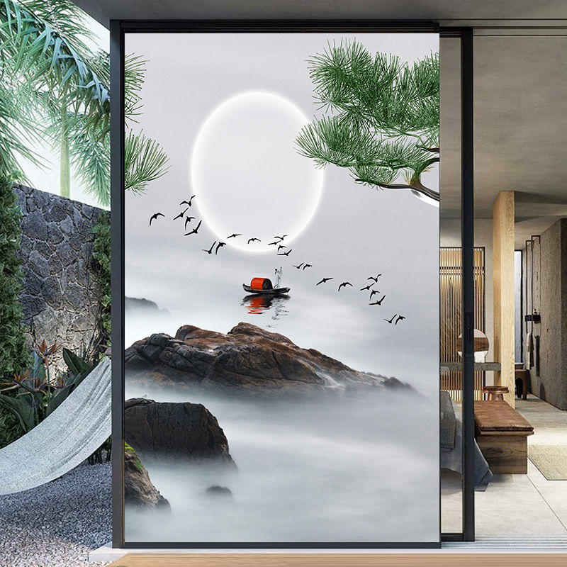 玻璃窗贴纸防走光玻璃门贴膜新中式水墨山水画门贴纸客厅玻璃推拉移门