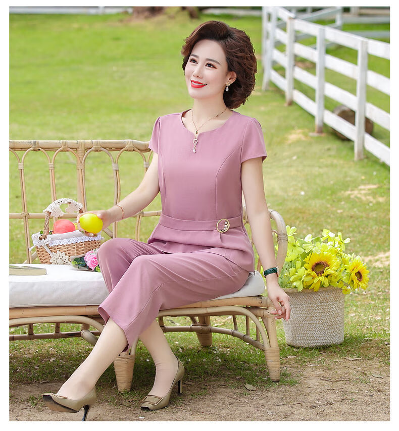 女装妈妈装新款中年妈妈夏装短袖时尚休闲两件套40岁50中老年女装夏季