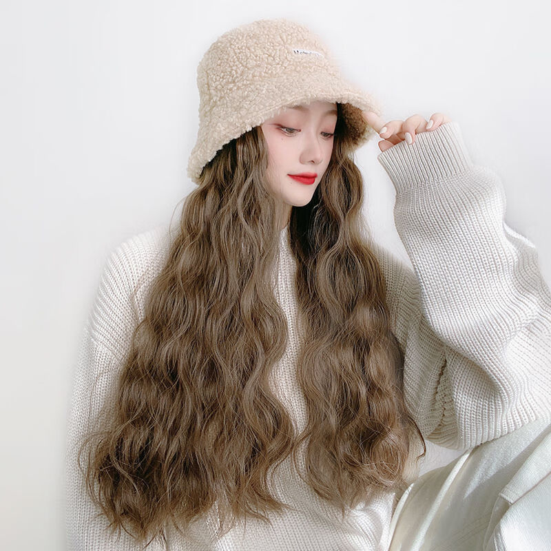 可拆卸秋冬季百搭待头发假发帽子潮流时尚卡其色水波纹黑色有发网发夹