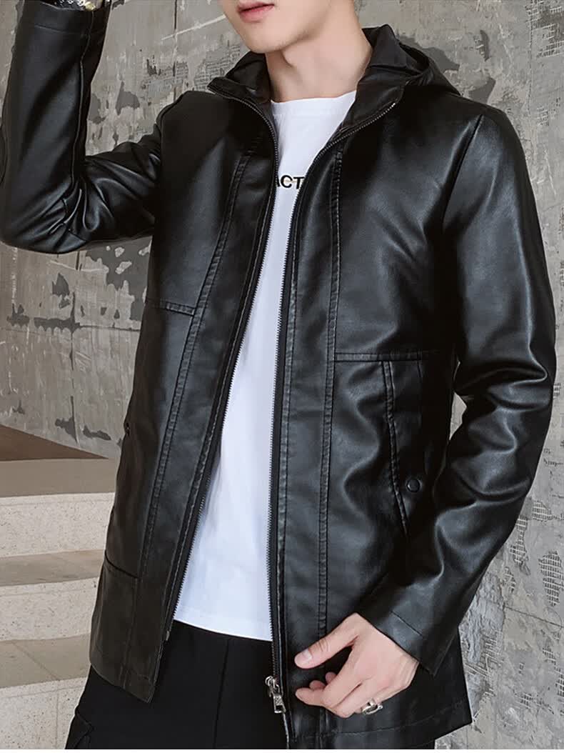 特价捡漏新同款连帽皮衣男春秋款帅气中长款带帽子皮夹克外套男秋冬季