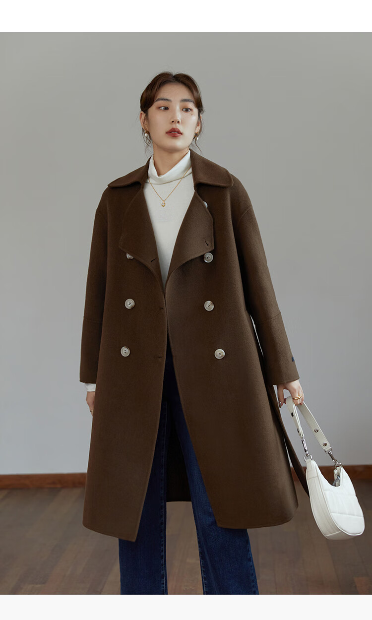 独束大码女装双排扣毛呢外套女2021冬季新款胖mm羊毛双面呢大衣摩卡棕