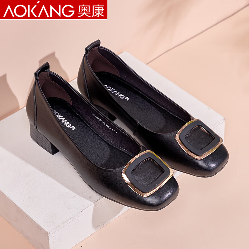 奥康单鞋女空姐中跟小皮鞋平底浅口粗跟瓢鞋牛皮百搭久站工作鞋黑色38