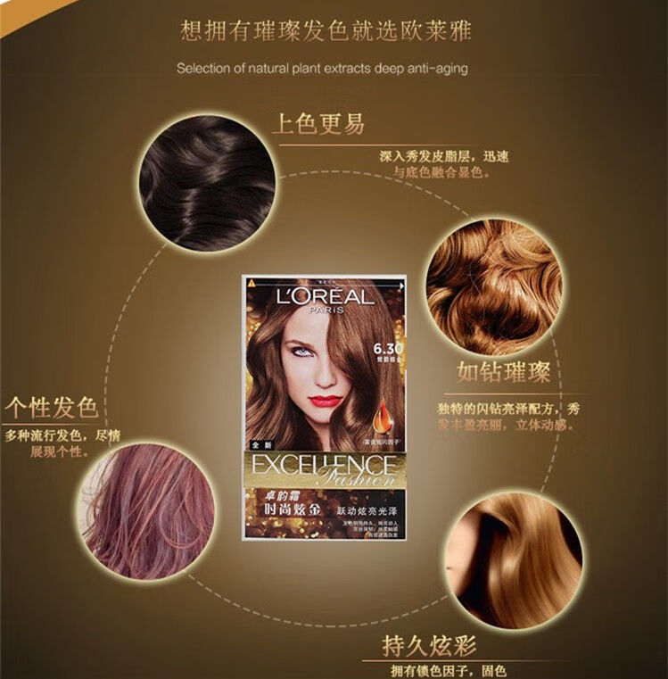 欧莱雅染发剂卓韵霜染发膏彩色染发霜黑色染膏亚麻酒红染发水 6.