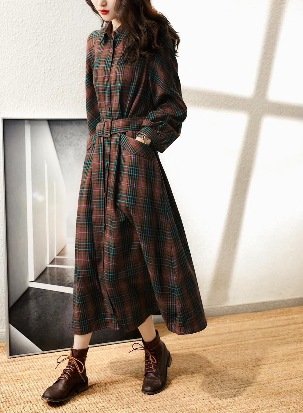 莎芡格纹衬衫连衣裙2021新款春秋复古长袖休闲气质系带收腰显瘦格子