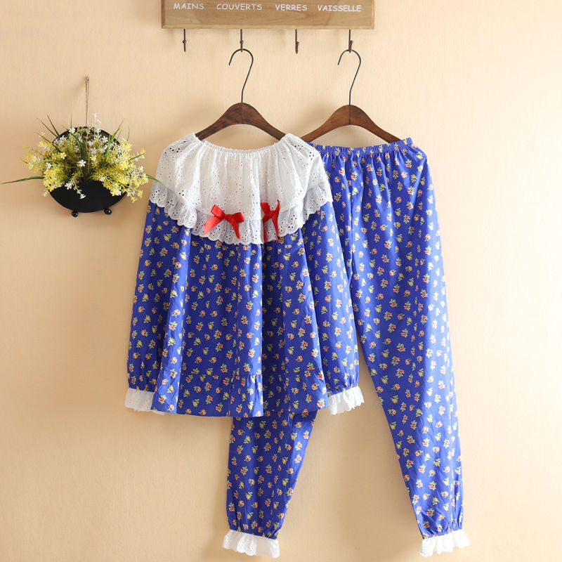 日系水洗布睡衣女夏长袖薄款白色碎花梭织棉布睡衣家居服套装白色