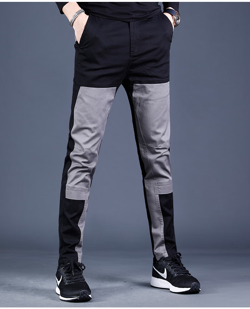 苹果休闲裤男秋冬款2021年新款黑灰色拼接修身小脚时尚百搭休闲裤子男