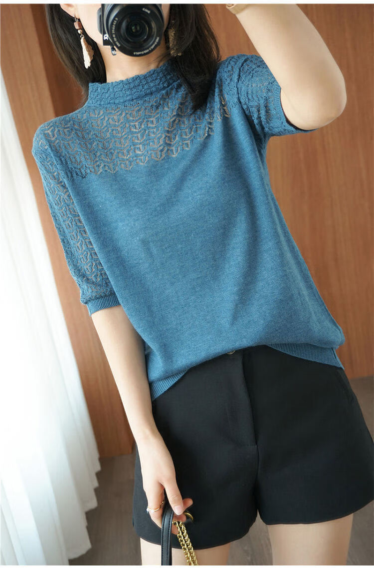 女装新款韩版镂空短袖t恤女夏季新款显瘦上衣半高领宽松针织打底衫女