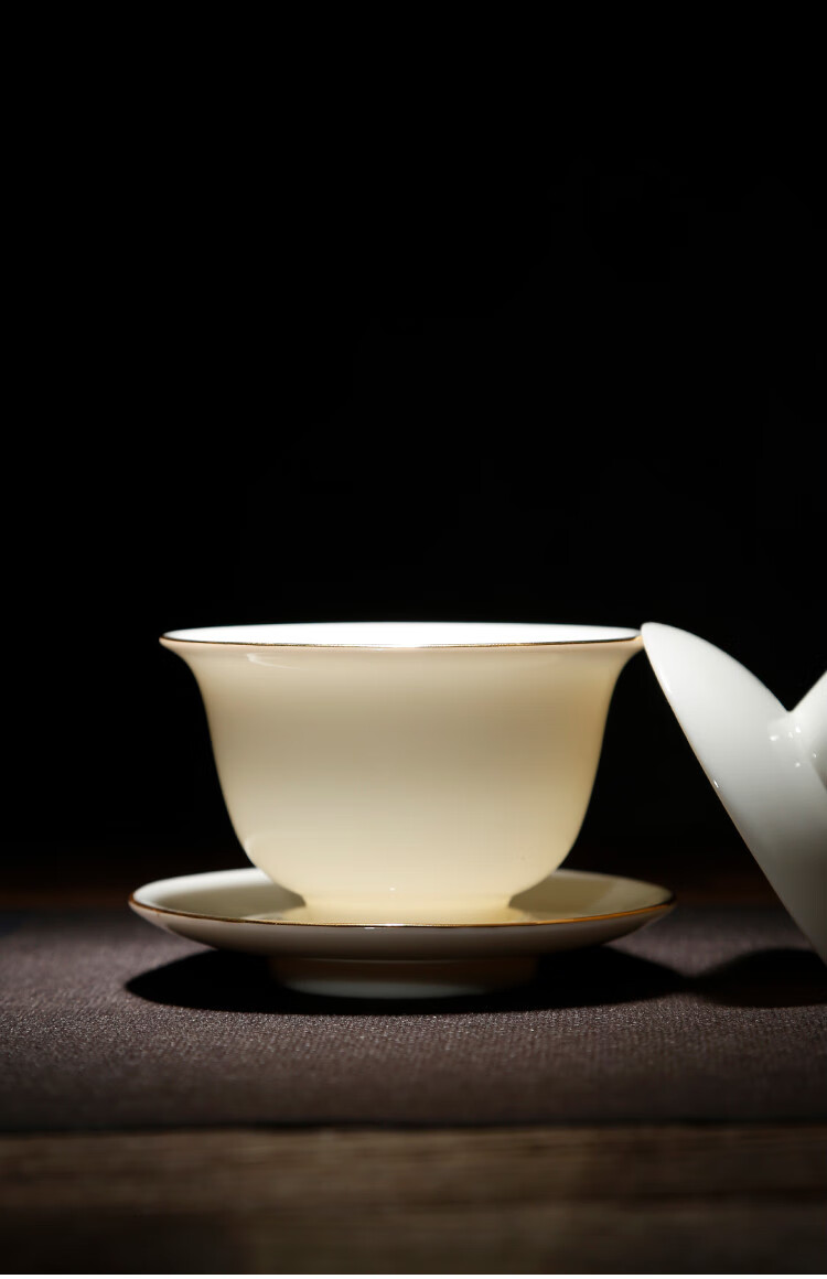 办公室家用茶室茶杯盖碗组合品茗杯主人杯德化白瓷羊脂玉瓷描金盖碗
