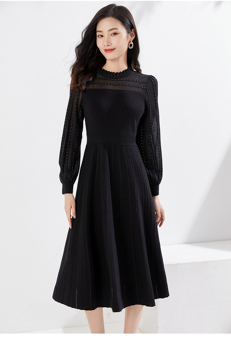 乔万尼2021秋冬羊毛针织连衣裙商场同款修身a字长裙ei3m276501墨黑色