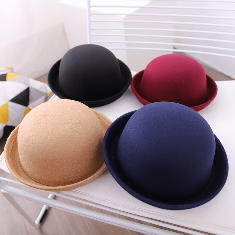 skonwat 帽子女士秋冬季亲子款毛呢小礼帽英伦可爱潮男女儿童圆顶卷边
