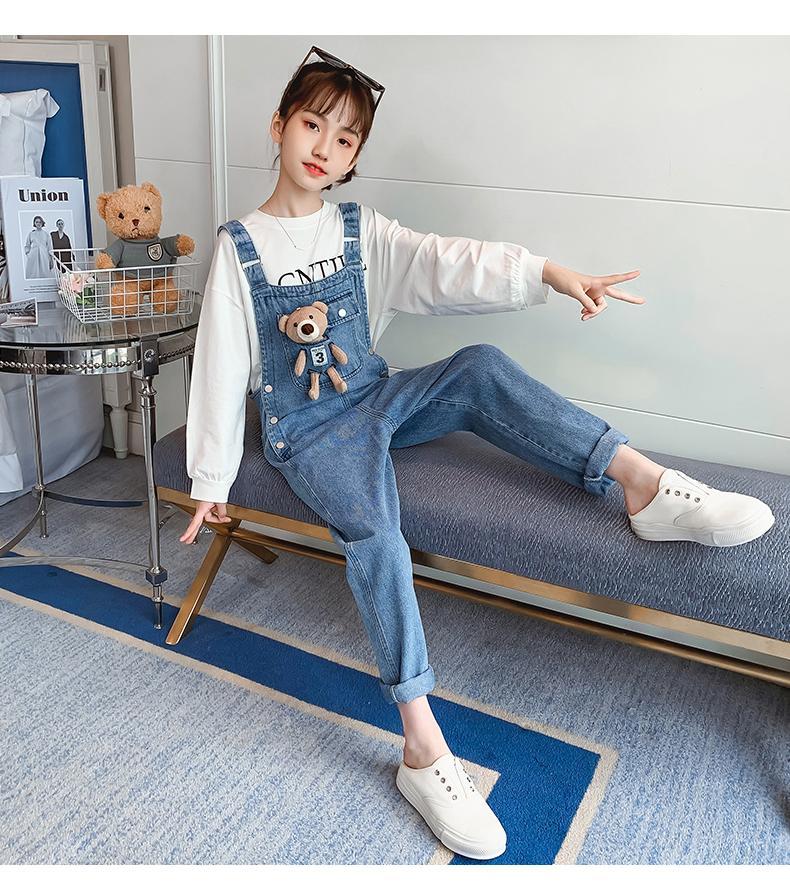 中大童912岁学生女孩子宽松休闲裤韩版洋气秋装牛仔吊带裤可爱立定