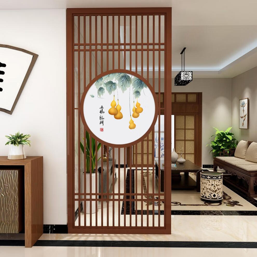 屏风画新中式屏风画定制双面圆形透明薄纱画玄关客厅隔断花格晶瓷装饰