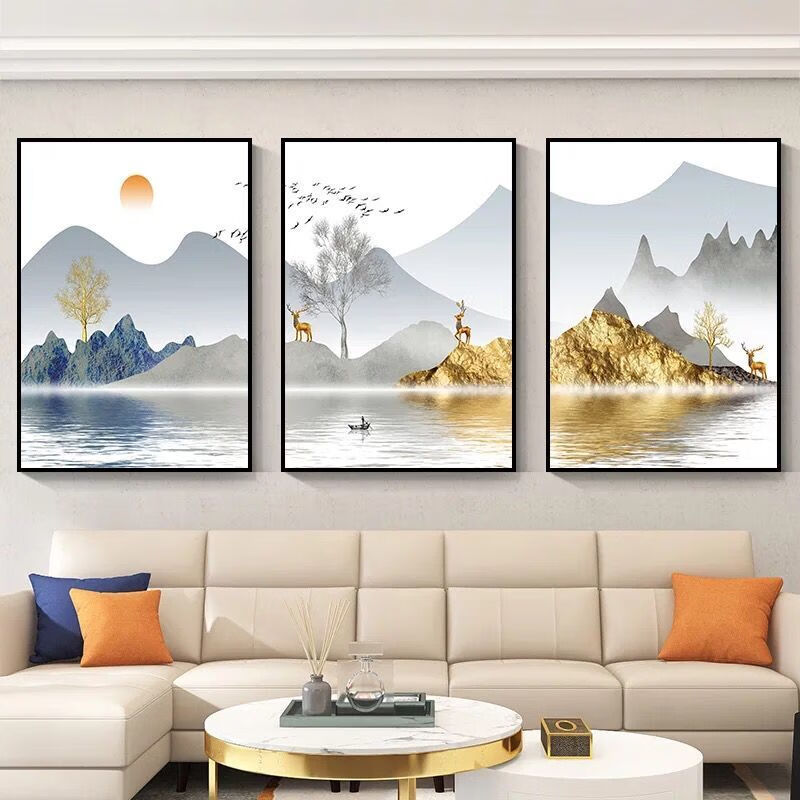 客厅挂画三联画轻奢风格沙发后背墙装饰画现代简约背景墙壁画墙画彩色