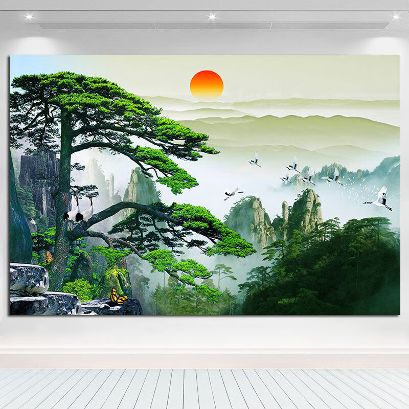 中堂挂画农村迎客松贴画自粘旭日东升山水画中堂画有山无水靠山图70
