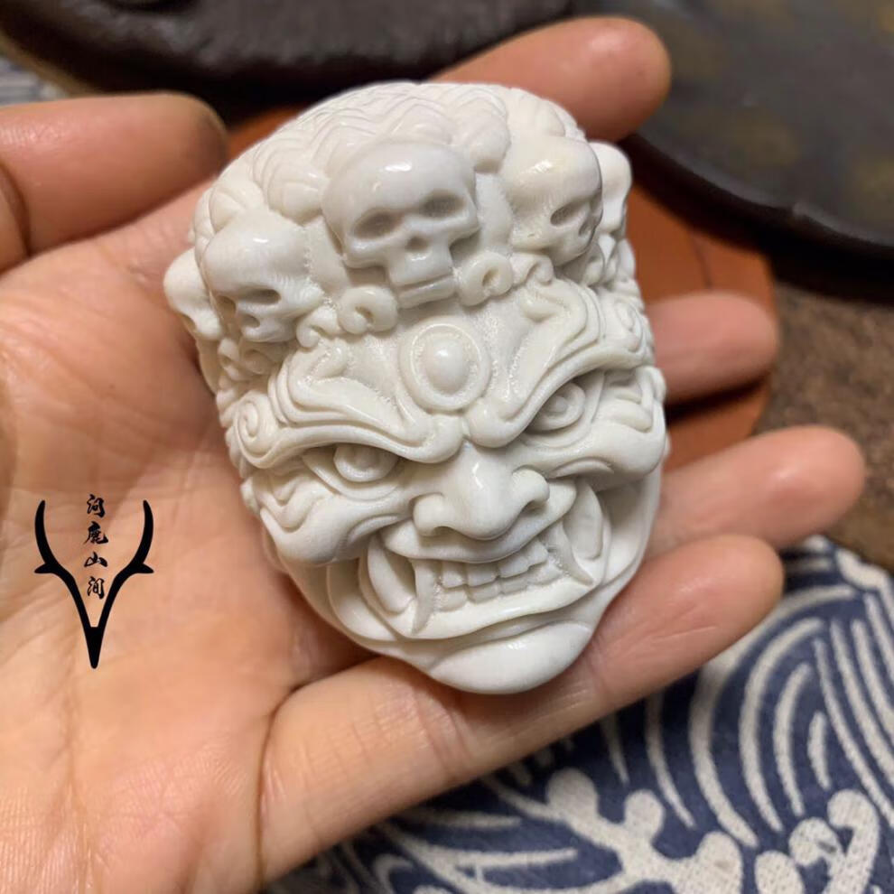 鹿角雕刻大黑天守护文玩手把件单珠 直径约1.6 直径约4.