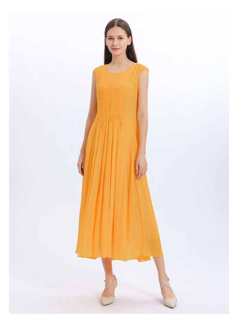 voa真丝乔其纱圆领包肩袖立体褶皱装饰甜美风塔克褶大摆a字连衣裙ae