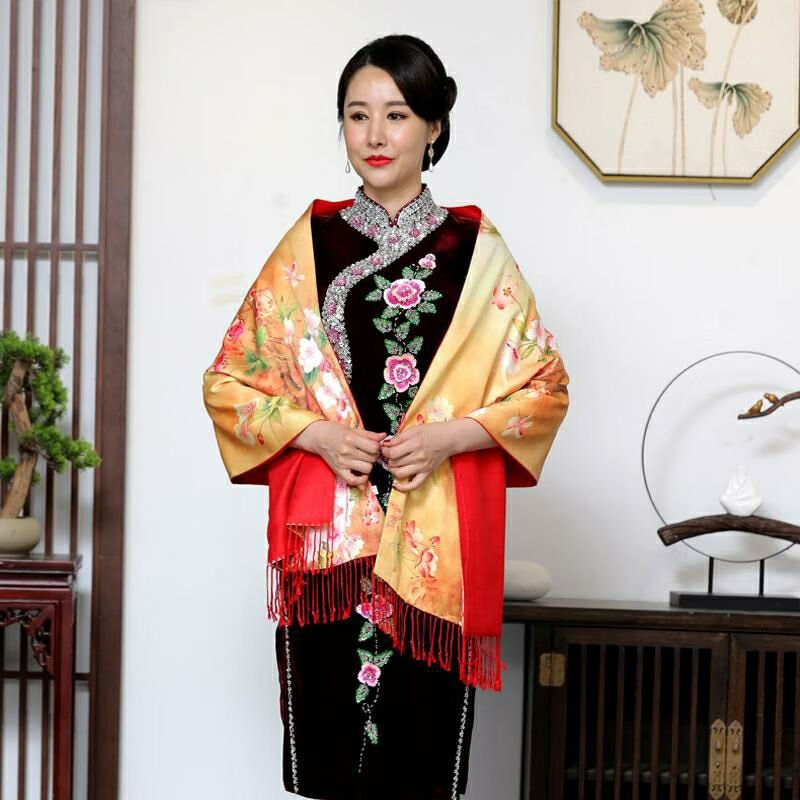 欧倩姗新品旗袍披肩双层双色女士长围巾披肩两用婚宴妈妈旗袍披肩外披