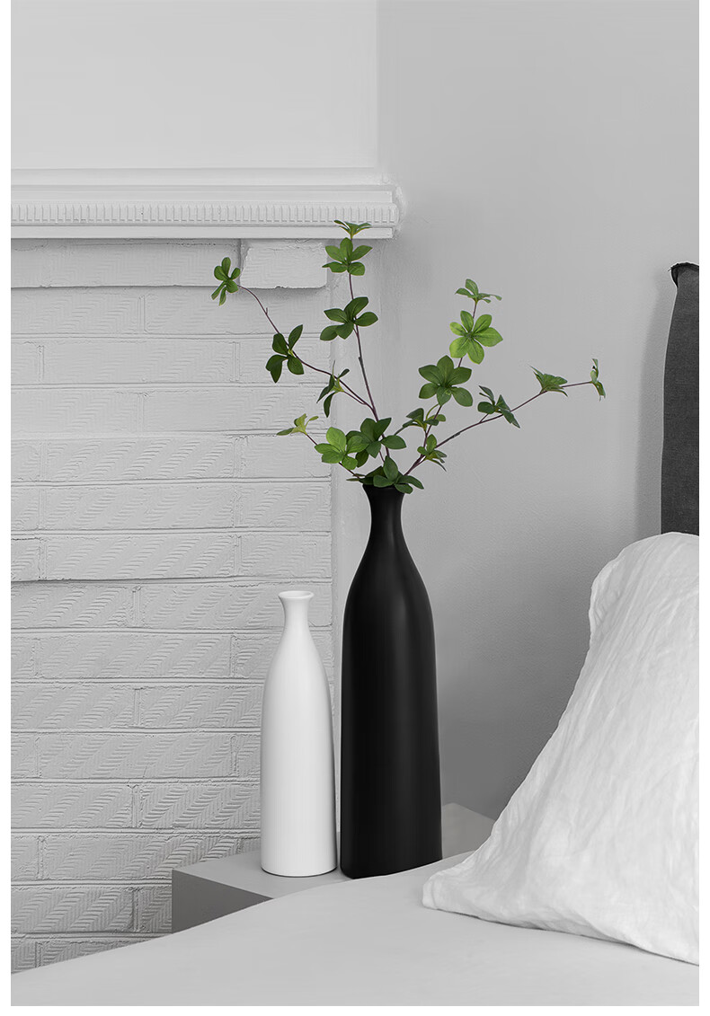 黑色陶瓷花瓶细口长颈插花瓶子客厅餐桌茶几干花摆件白色小口径黑色d
