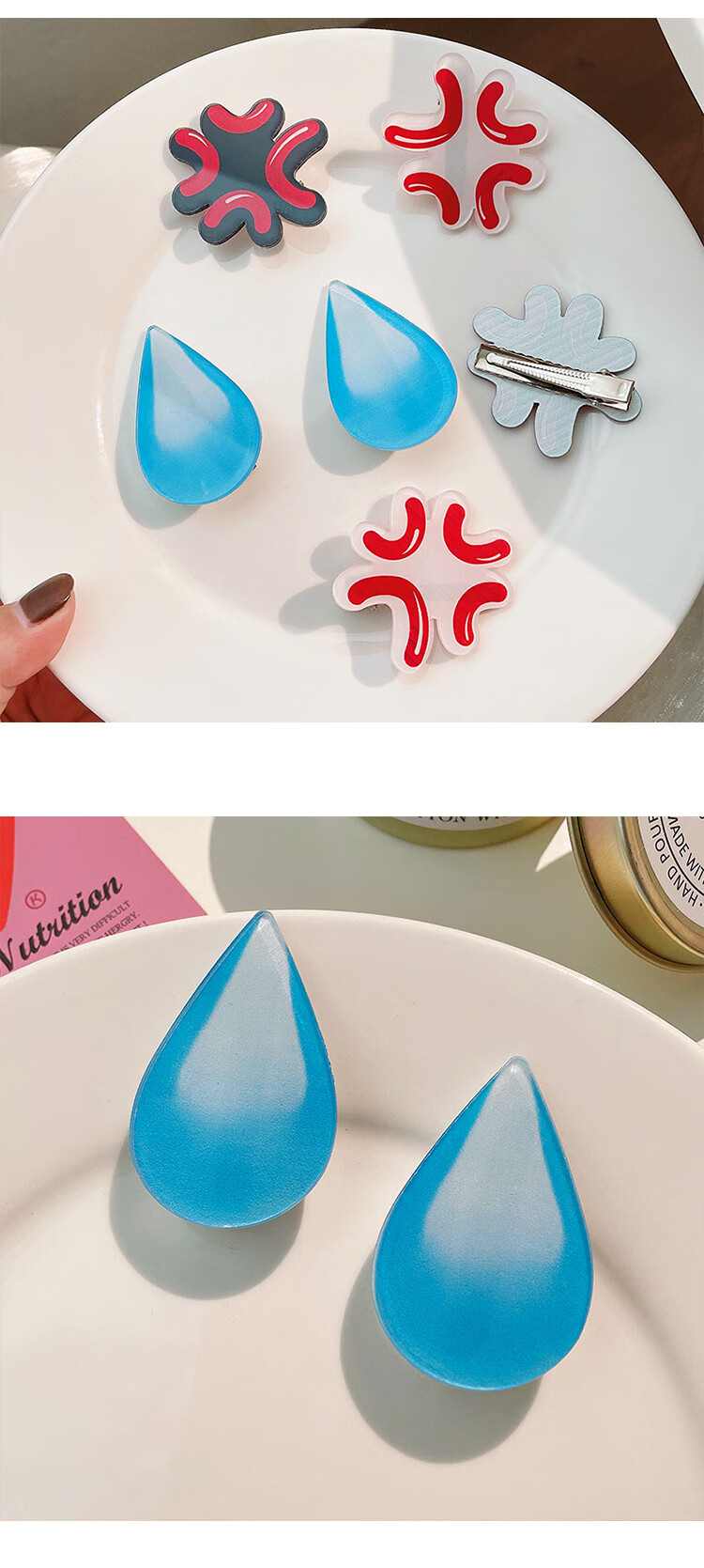 网红水滴发夹女夏刘海大无语汗滴发卡流汗黄豆夹子水滴夹diy头饰 主图