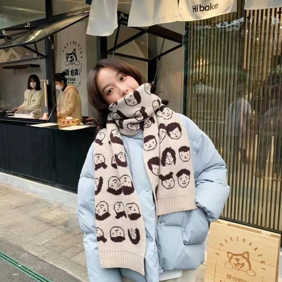 围巾女冬季保暖学生韩版可爱卡通头像少女百搭长款毛线编织小围脖黑色