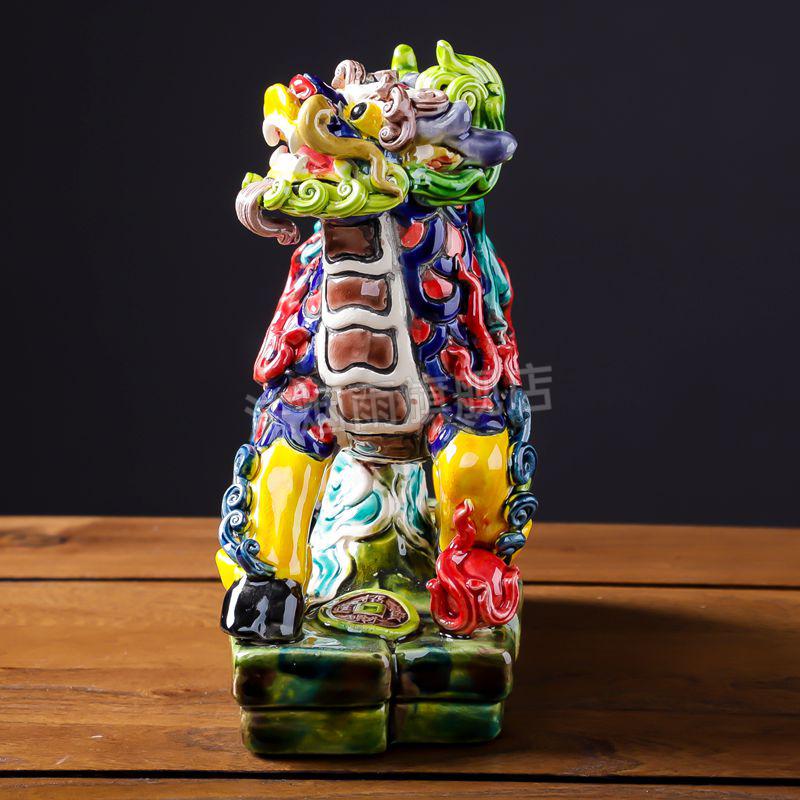陶瓷七彩麒麟摆件客厅陶瓷艺术品摆件纯手工交趾陶彩陶七彩貔貅对狮子