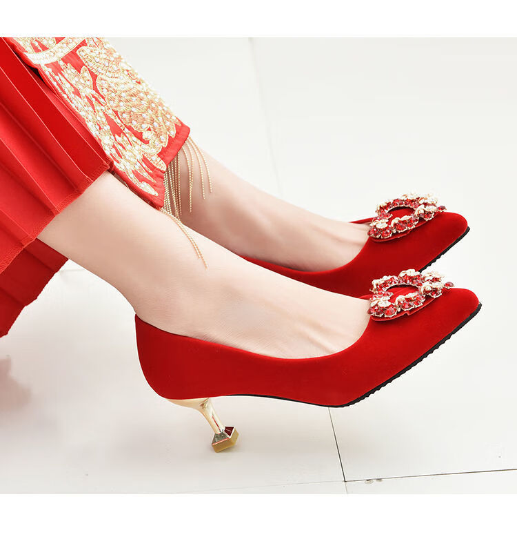 秀禾服婚纱鞋两穿红色高跟鞋婚鞋女新娘鞋红色高跟尖头红秀禾婚纱两穿